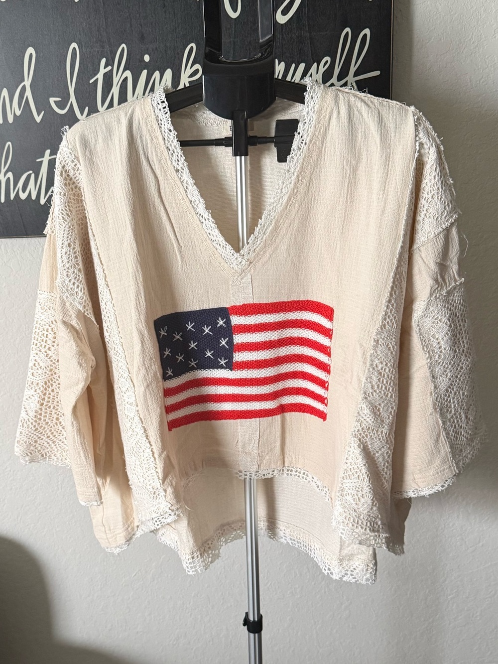 POL V-Neck American Flag & Crochet Patch Top NWOT